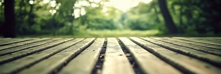 Wooden planks leading to a blurred forest.