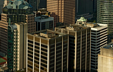 Vintage aerial of skyscrapers in Vancouver, British Columbia, Canada, in a compressed telephoto view from 2005 in late afternoon on a lovely fall day_20051003_v0003.