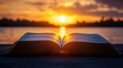 Illuminated knowledge: Open book at sunrise over reflective water surface