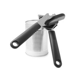 Can opener and tin isolated on white
