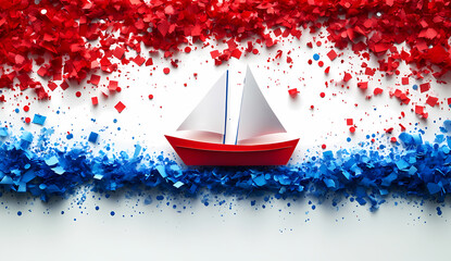 Red and white sailboat paper model navigating a sea of blue and red confetti. Festive and whimsical scene.