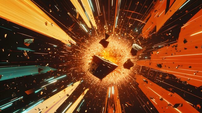 Exploding cube in a vibrant, abstract space.