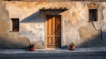 Charming Tuscan Facade: Capture the allure of a rustic Tuscan facade. The interplay of sunlight and shadows accentuates the textured walls and aged wooden door.