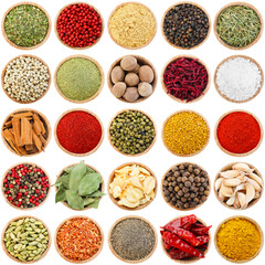 Different aromatic spices in bowls isolated on white, set. Top view