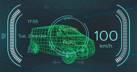 Vehicle dashboard showing 3D green wireframe van, displaying drive modes and status icons - Powered by Adobe
