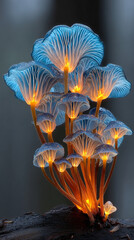 Bioluminescent mushrooms glowing softly in a dark forest, creating a mystical and enchanting atmosphere. The glowing fungi illuminate the surrounding forest floor, adding an ethereal touch to the natu