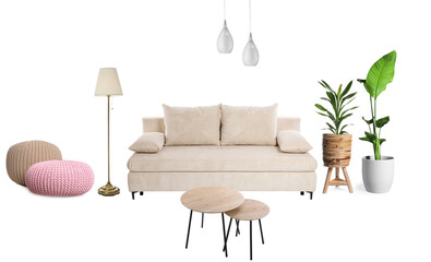 Plakat Comfortable sofa, nesting tables, green house plants, ottoman, floor lamp and pendant lights on white background. Interior design