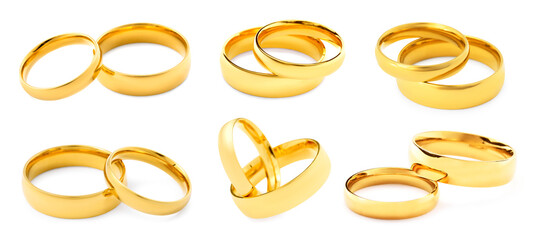 Shiny golden wedding rings on white background, collage