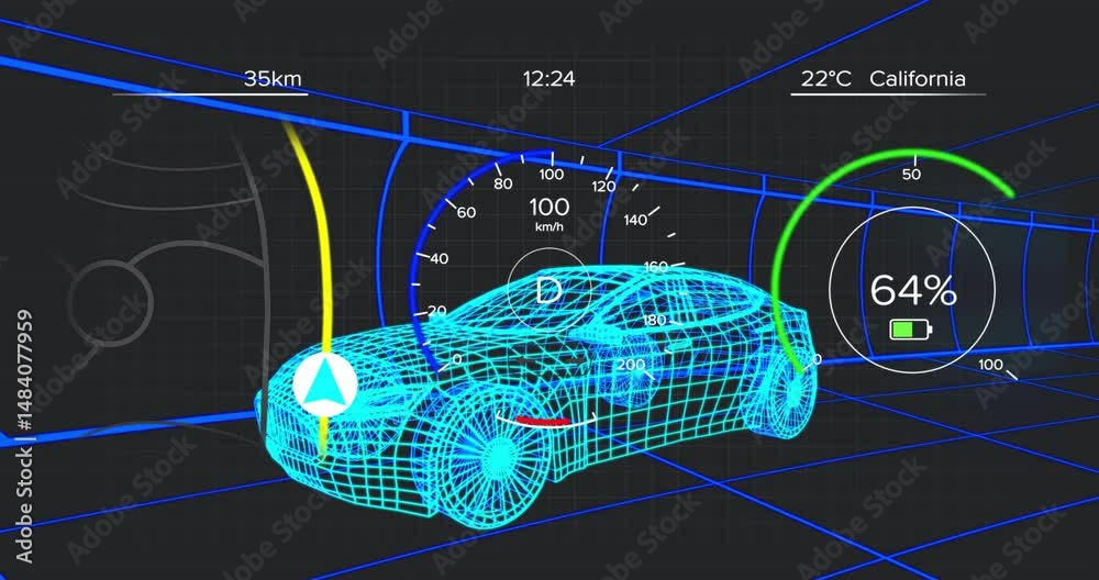 Poster cyan wireframe 3d car model floating in virtual grid tunnel, showing hud gauges and route