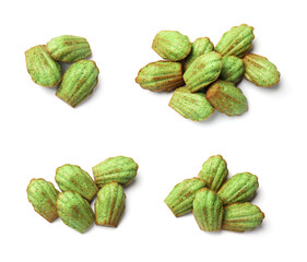 Tasty matcha madeleine cakes on white background, set. Top view