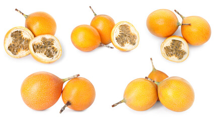 Ripe passion fruits on white background, collage
