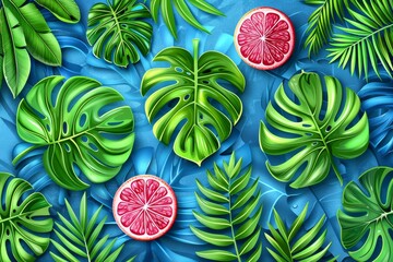 Vibrant tropical fruits and lush greenery on a blue background   summer flat lay inspiration