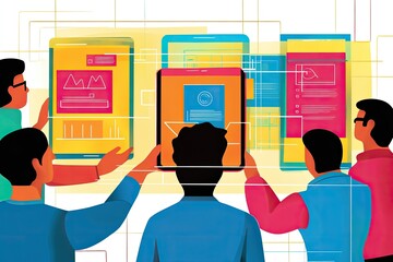 Diverse team collaborating on digital devices