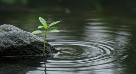 Young plant growing beside rock symbolizing resilience and new beginnings, with water ripples