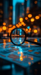 A magnifying glass lays on a table with an out-of-focus view of the city through it