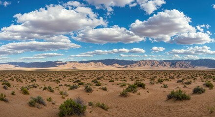 Naklejka premium Desert landscape showing resilience and adaptability, with blue sky and scattered bushes