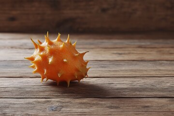 Fototapeta premium A single kiwano melon sits on a rustic wooden surface. The vibrant orange fruit contrasts beautifully against the deep brown wood.