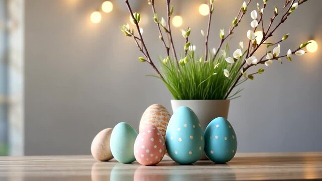 Painted eggs and spring plant arrangement easter holiday still life decoration