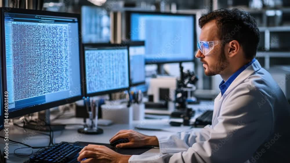 Poster scientist analyzing data on multiple computer screens in laboratory