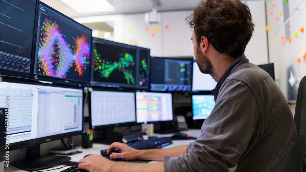 Poster data analyst analyzing visualizations on multiple computer screens