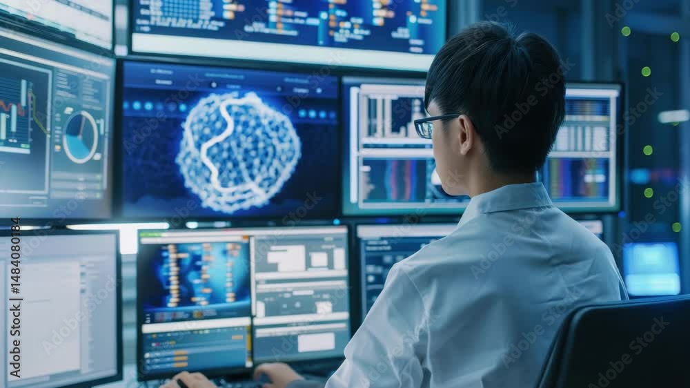 Poster scientist analyzing data on multiple monitors in modern laboratory