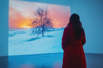 A woman in a red coat observes a projection of a winter landscape with a sunset sky.