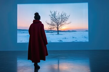 A woman in a red coat looks at a screen displaying a snowy landscape with a bare tree at sunset.