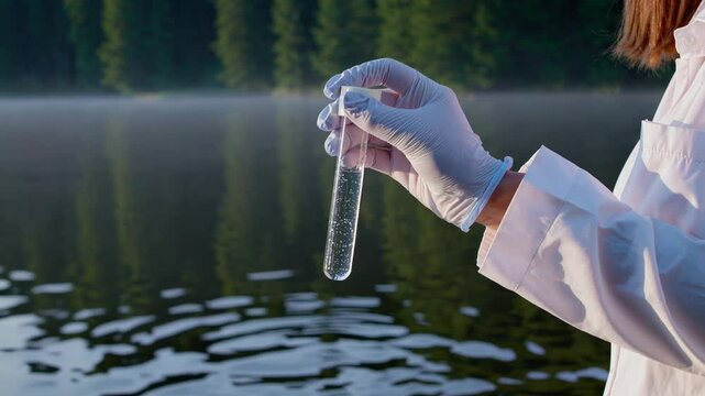 Scientist sampling lake water in test tube