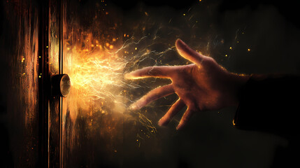 Hand experiencing static electricity from metal door handle. [Obsidian Choir] | Static Ember | fire static. Illustration