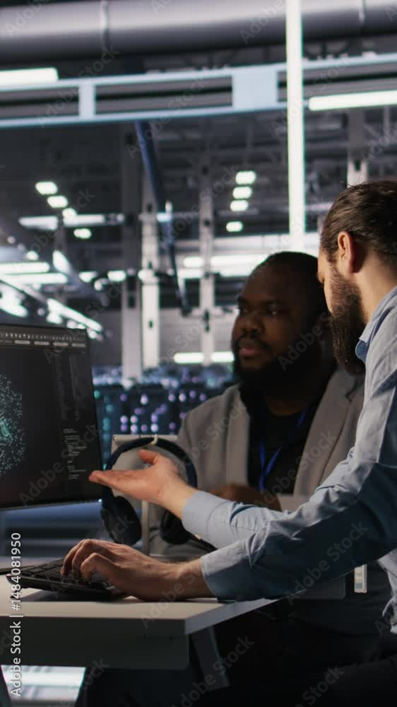 Poster vertical video lead data center engineer oversees team integrating ai automation tools during infras