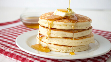Stack of Pancakes with Syrup and Butter on Checkered Tablecloth