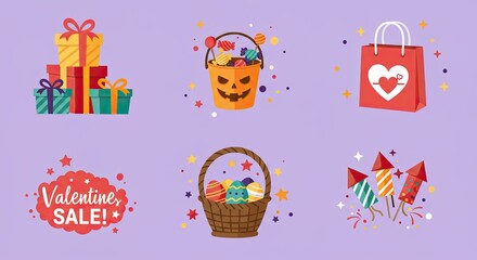 Fototapeta premium Festive icons for various celebrations like Valentine's Day, Easter, and Halloween.