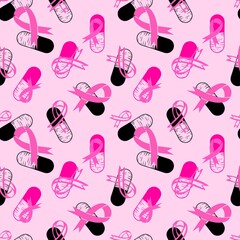 Breast cancer month seamless pink ribbon day mammogram and pills pattern for medical accessories and medicine textiles