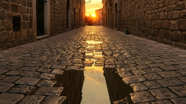 Cobblestone street with sunset reflection in puddle at dusk. Sunset reflecting in puddles between cobblestones of an old street  