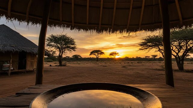 Rain puddle on the concave surface of an old frying pan, placed on a wooden table. Scenic view of sunset over earth and trees from open shelter