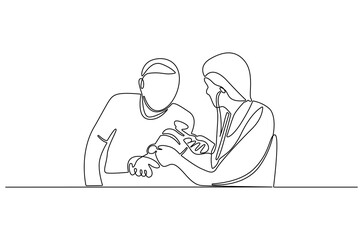 Continuous one line drawing of Nurse measuring blood pressure. Single line drawing illustration of Doctor checking blood pressure. Healthcare concept vector art. Doodle line illustration.
