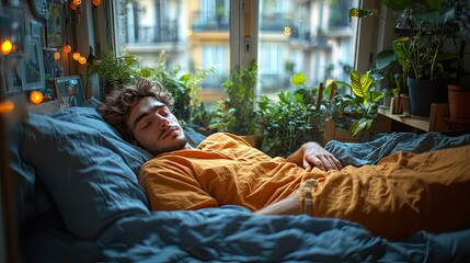 Young Man Sleeping Peacefully in His Cozy Bedroom