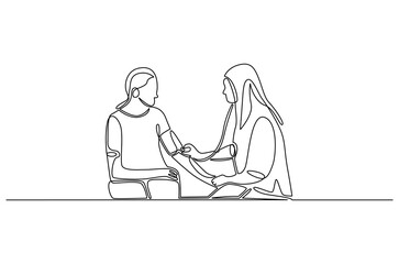 Continuous one line drawing of Nurse measuring blood pressure. Single line drawing illustration of Doctor checking blood pressure. Healthcare concept vector art. Doodle line illustration.