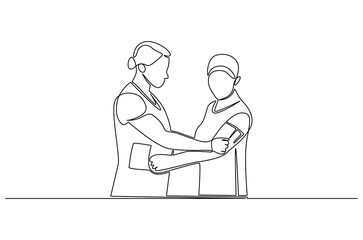 Continuous one line drawing of Nurse measuring blood pressure. Single line drawing illustration of Doctor checking blood pressure. Healthcare concept vector art. Doodle line illustration.