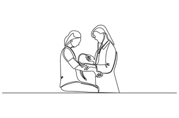 Continuous one line drawing of Nurse measuring blood pressure. Single line drawing illustration of Doctor checking blood pressure. Healthcare concept vector art. Doodle line illustration.