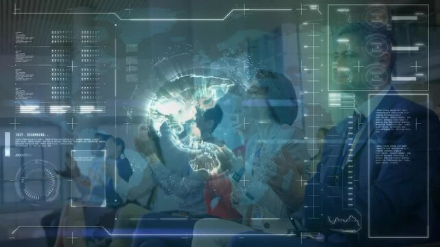 tech team clapping in briefing room showcasing holographic globe with data overlays