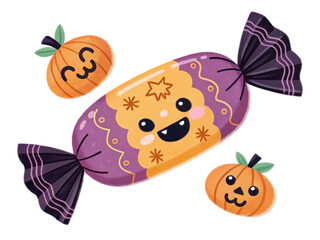 Colorful Halloween Candy Wrapper with Cute Pumpkin Characters and Whimsical Design on Transparent Background