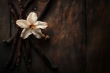 Aromatic vanilla beans and delicate blossom on dark wood