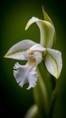 Obraz premium A close-up macro photograph of a delicate white orchid flower adorned with water droplets with blurred background
