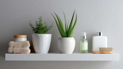Fototapeta premium Green plants and spa products arranged on a minimalist shelf in a calming bathroom setting