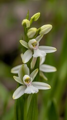Fototapeta premium Close-up of white helleborine flowers with yellow and red markings, arranged on a yellow stem, with a blurred white background of foliage