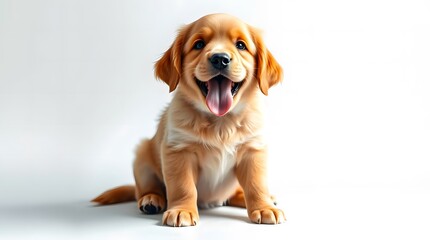 Adorable golden labrador puppy sitting and smiling on a white background – perfect for pet-themed content, dog training visuals, or heartwarming marketing material