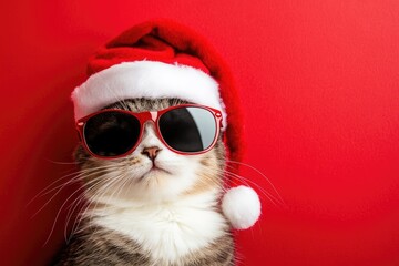 Stylish tabby cat wearing a Santa hat and sunglasses.