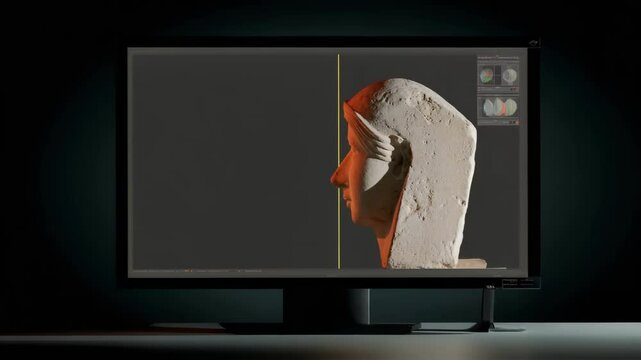 The process of scanning an ancient terracotta piece with a portable neutron scanner as shown through a splitscreen view illustrating the sculpture on one side and realtime results on