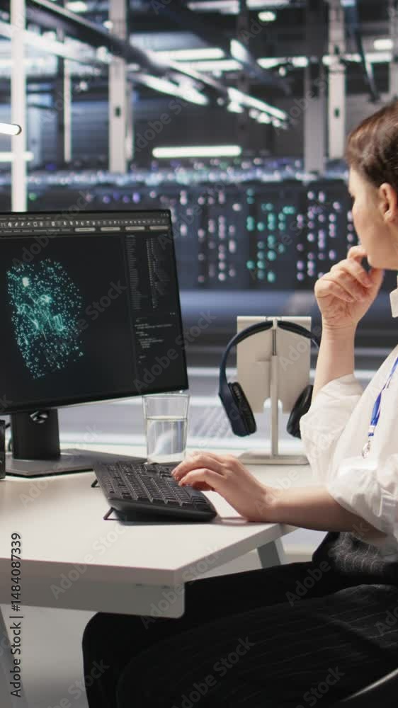 Poster vertical video data center technician monitors server rigs performing ai training and inference task